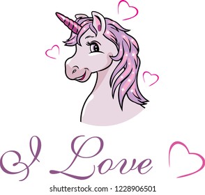 Portrait of a happy pink unicorn. Vector