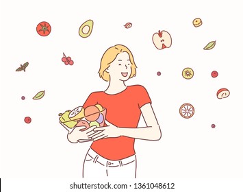 Portrait of a happy playful girl eating fresh salad from a bowl. Hand drawn style vector design illustrations.