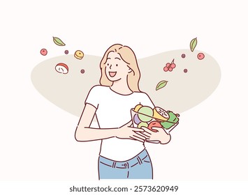 Portrait of a happy playful girl eating fresh salad from a bowl. Hand drawn style vector design illustrations.	