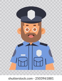 Portrait of happy policeman on transparent background. Cartoon vector male security character