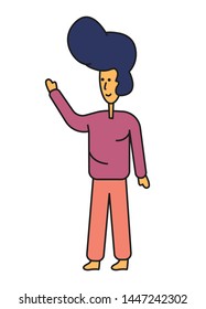 Portrait of happy positive young teenager boy smiling pointing with hand. Cute cartoon doodle flat trendy style illustration for presentation
