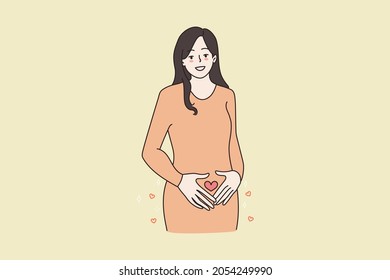 Portrait of happy pregnant woman with heart painted on belly excited to be expecting baby. Smiling female take care of women health. Pregnancy, ivf treatment concept. Flat vector illustration. 