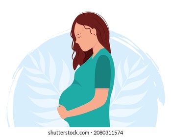 A portrait of happy pregnant woman on plain background, healthy maternity concept, flat vector illustration