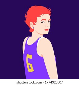 Portrait of a happy red haired girl. Girl in a basketball uniform. Avatar of a student. Vector flat illustration