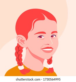 Portrait of a happy redhead girl. The face of a smiling child. Avatar of a schoolgirl. Vector flat illustration