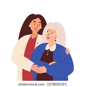 Retrato de adultos mayores jubilados felices La madre y la hija adulta se abrazan entre sí.La mujer adulta abraza a padres o abuelos maduros aislados en blanco.Padres con amor hacia sus hijos.Ilustración del vector plano