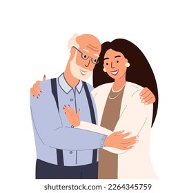 Portrait of happy retored Elderly Father and adult daughter hug each other.Adult woman embracing mature parent or grandparent isolated on white.Parent with child feeling love.Flat Vector illustration