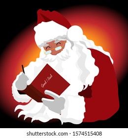 Portrait of a happy Santa Claus sitting and reading a Christmas list of good and bad deeds.