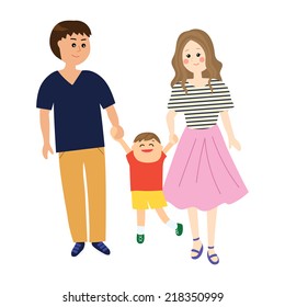 A portrait of a happy small family, young parents swinging a little child, vector illustration