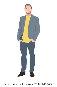 Portrait of happy smili businessman standing in smart casual clothes. Confident office worker with beard wearing street fashion outfit. Handsome male character vector realistic illustration isolated