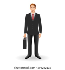 Portrait of happy smiling businessman or young man standing and holding briefcase. 
Realistic image. 
Vector illustration. 
Full body man isolated on white background.