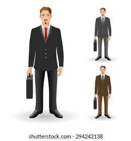 Portrait of happy smiling businessman or young man standing and holding briefcase. 
Realistic image. 
Vector illustration. 
Full body man isolated on white background.