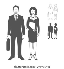 Portrait of happy smiling businessman or young man standing and holding briefcase with happy smiling business woman wearing a suit, smiling, standing and holding folder. 
Realistic image.
