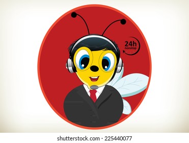 Portrait of happy smiling cheerful cartoon bee support phone operator in headset 