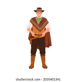 Portrait Of Happy Smiling Cowboy In Hat Standing In Retro Western Outfit. American Man From Wild West With Hands On Belt And Holster With Weapon. Flat Vector Illustration Isolated On White Background