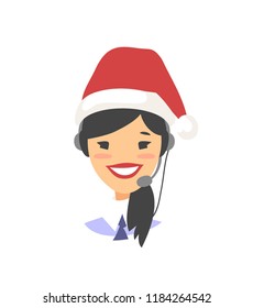 Portrait of happy smiling customer support phone operator. Call center worker with headset. Cartoon vector illustration asian women agent