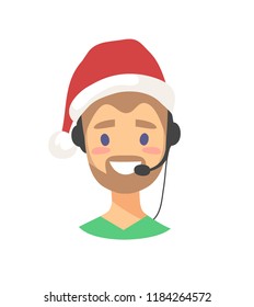 Portrait of happy smiling customer support phone operator. Call center worker with headset. Cartoon vector illustration caucasian men agent