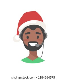 Portrait of happy smiling customer support phone operator. Call center worker with headset. Cartoon vector illustration african american men agent