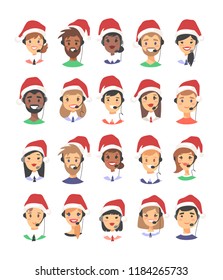 Portrait of happy smiling customer support phone operator in Christmas hat. Callcenter worker with headset. Cartoon vector illustration women and men agent