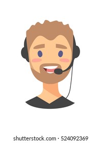 Portrait of happy smiling customer support phone operator. Call center worker with headset. Cartoon vector illustration men agent