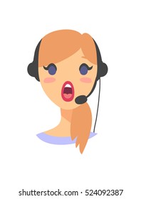 Portrait of happy smiling customer support phone operator. Call center worker with headset. Cartoon vector illustration women agent