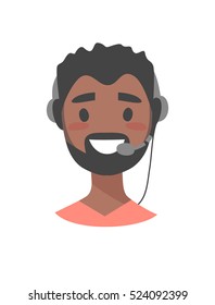 Portrait of happy smiling customer support phone operator. Call center worker with headset. Cartoon vector illustration black  men agent