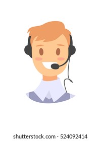 Portrait of happy smiling customer support phone operator. Call center worker with headset. Cartoon vector illustration men agent