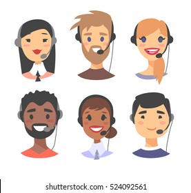 Portrait of happy smiling customer support phone operator. Call center worker with headset. Cartoon vector illustration women and men agent