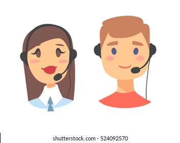 Portrait of happy smiling customer support phone operator. Call center worker with headset. Cartoon vector illustration women and men agent