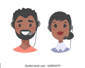 Portrait of happy smiling customer support phone operator. Call center worker with headset. Cartoon vector illustration women and men agent