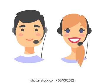Portrait of happy smiling customer support phone operator. Call center worker with headset. Cartoon vector illustration women and men agent