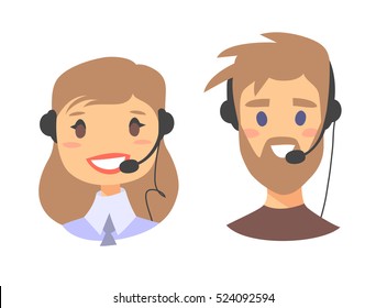 Portrait Of Happy Smiling Customer Support Phone Operator. Call Center Worker With Headset. Cartoon Vector Illustration Women And Men Agent