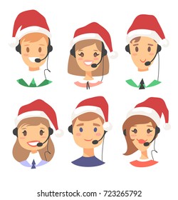 Portrait of happy smiling customer support phone operator in Christmas hat. Callcenter worker with headset. Cartoon vector illustration agent