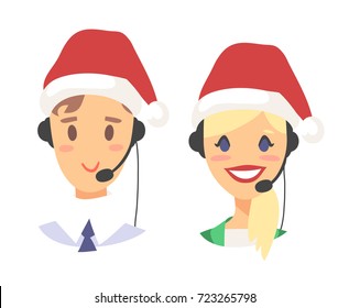 Portrait of happy smiling customer support phone operator in Christmas hat. Callcenter worker with headset. Cartoon vector illustration agent
