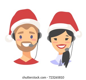 Portrait of happy smiling customer support phone operator in Christmas hat. Callcenter worker with headset. Cartoon vector illustration agent