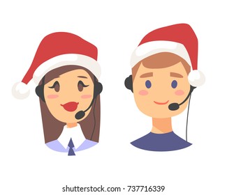 Portrait of happy smiling customer support phone operator in Christmas hat. Callcenter worker with headset. Cartoon vector illustration agent