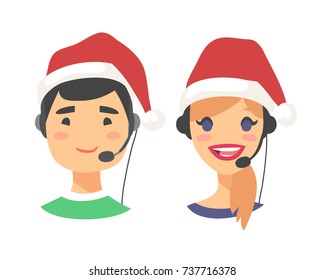 Portrait of happy smiling customer support phone operator in Christmas hat. Callcenter worker with headset. Cartoon vector illustration agent