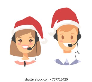 Portrait of happy smiling customer support phone operator in Christmas hat. Callcenter worker with headset. Cartoon vector illustration agent