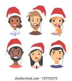 Portrait of happy smiling customer support phone operator in Christmas hat. Callcenter worker with headset. Cartoon vector illustration agent