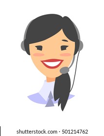 Portrait of happy smiling female customer support phone operator. callcenter worker with headset. Cartoon vector illustration woman agent