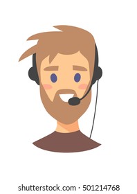 Portrait of happy smiling female customer support phone operator. callcenter worker with headset. Cartoon vector illustration man agent