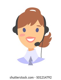 Portrait of happy smiling female customer support phone operator. callcenter worker with headset. Cartoon vector illustration woman agent