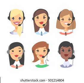 Portrait of happy smiling female customer support phone operator. callcenter worker with headset. Cartoon vector illustration woman agent