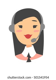 Portrait of happy smiling female customer support phone operator. callcenter worker with headset. Cartoon vector illustration asian woman agent