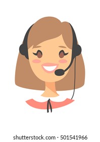 Portrait of happy smiling female customer support phone operator. callcenter worker with headset. Cartoon vector illustration woman agent