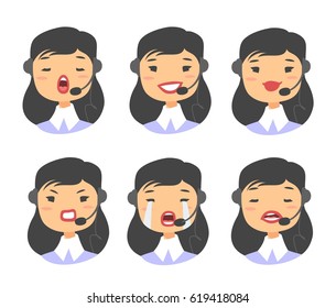 Portrait of happy smiling female customer support phone operator. Callcenter worker with headset. Cartoon vector illustration asian woman agent. Girl emoji avatar