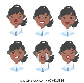 Portrait of happy smiling female customer support phone operator. Callcenter worker with headset. Cartoon vector illustration african woman agent. Girl emoji avatar