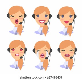 Portrait of happy smiling female customer support phone operator. Callcenter worker with headset. Cartoon vector illustration caucasian woman agent. Girl emoji avatar