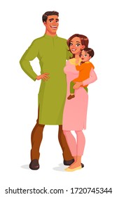 Portrait of happy smiling Indian family in traditional outfits. Cartoon style vector illustration isolated on white background.
