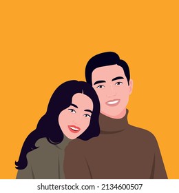 Portrait of a happy smiling Korean couple. Avatar for social networks. Bright multicolored vector illustration in a flat style. With colored background.